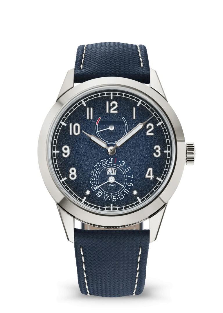 Textured Navy Calendar Watch with Silver Tone Case and Stitched Strap