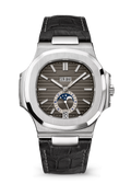 Grey Moonphase Watch with Silver Tone Case and Black Strap
