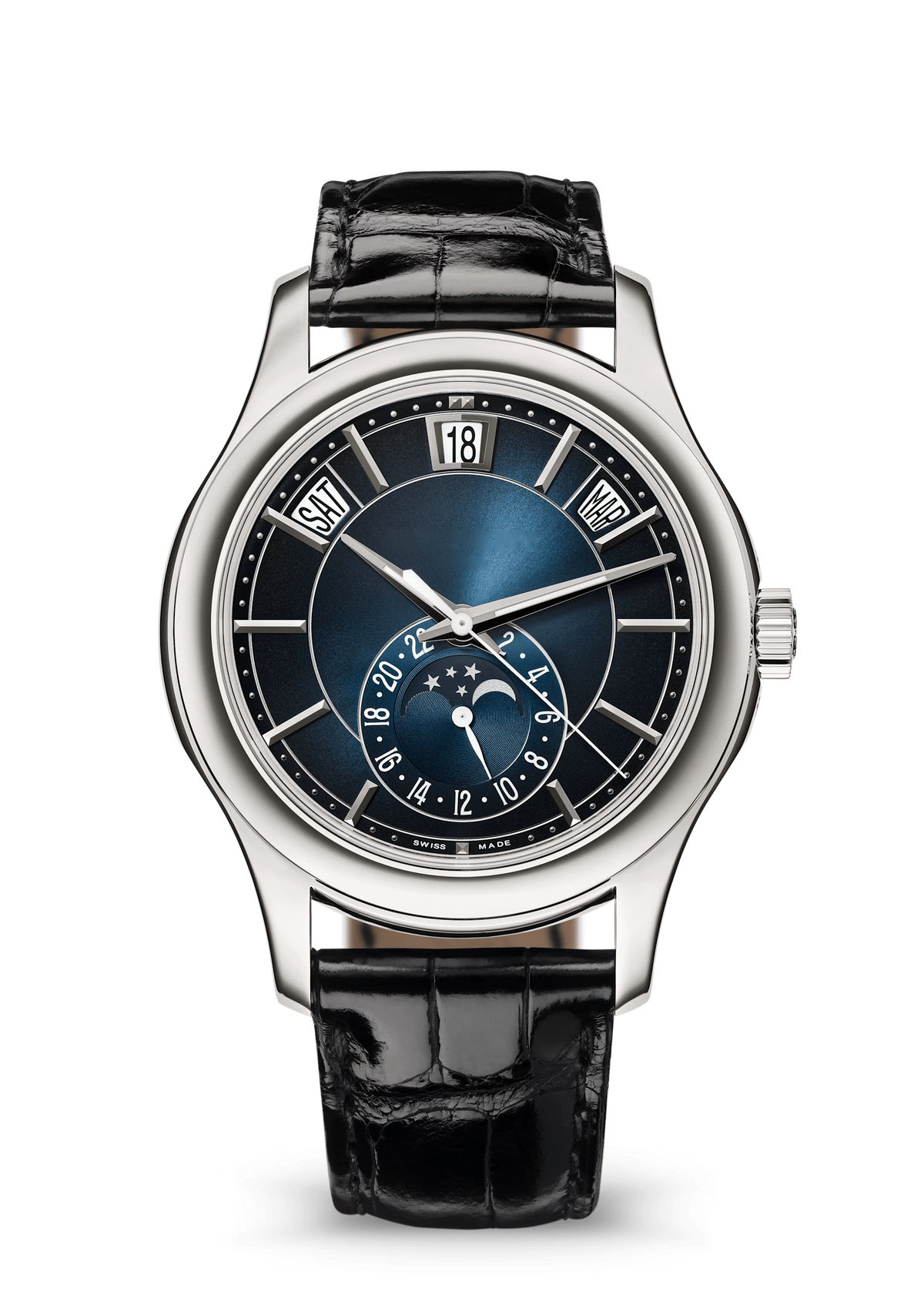 Blue Gradient Moonphase Watch with Silver Tone Case and Black Strap