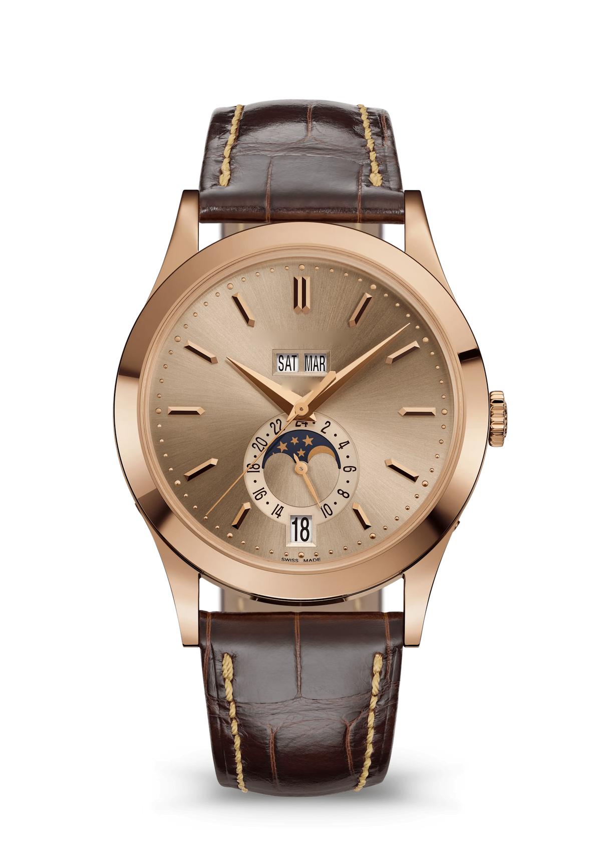 Champagne Calendar Watch with Rose Gold Tone Case and Brown Strap