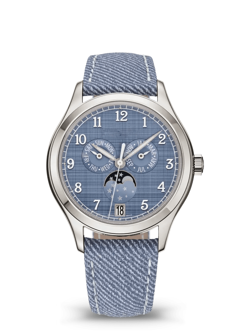 Lilac Blue Calendar Watch with Silver Tone Case and Woven Strap