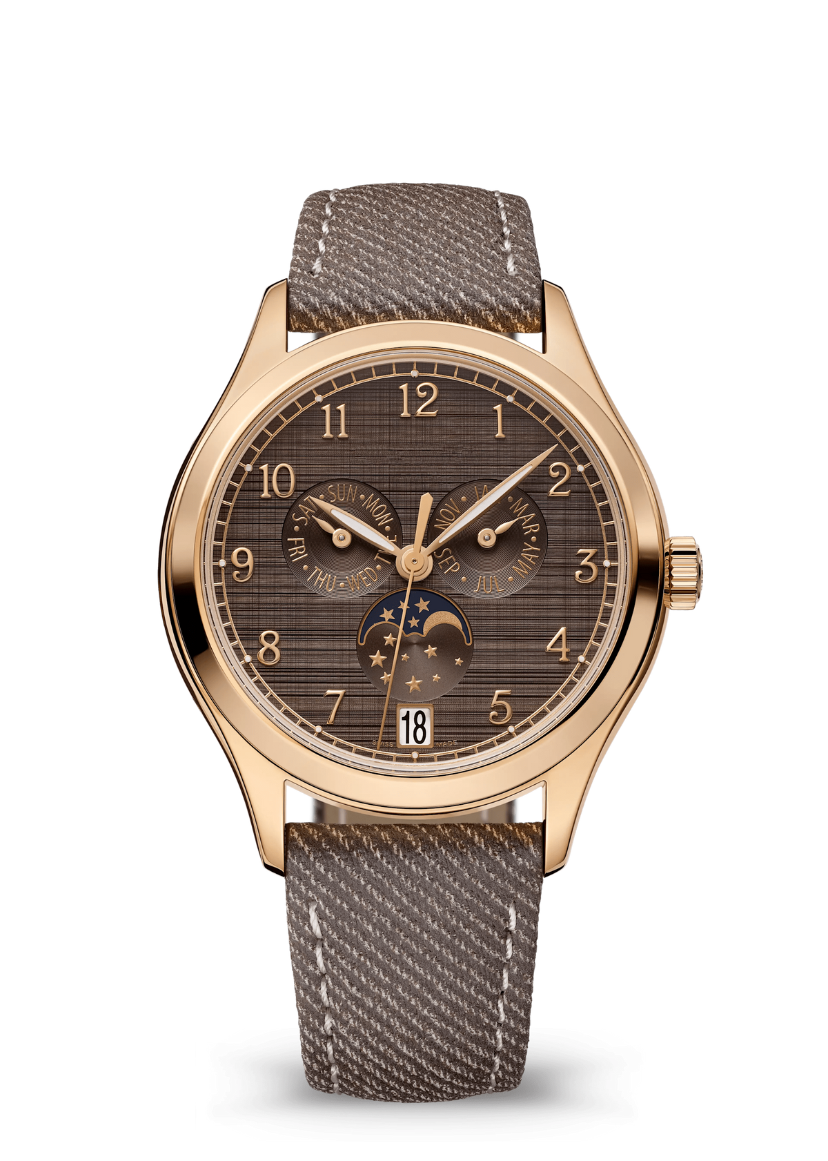 Brown Calendar Watch with Rose Gold Tone Case and Textured Strap