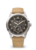 Charcoal Calendar Watch with Silver Tone Case and Tan Strap