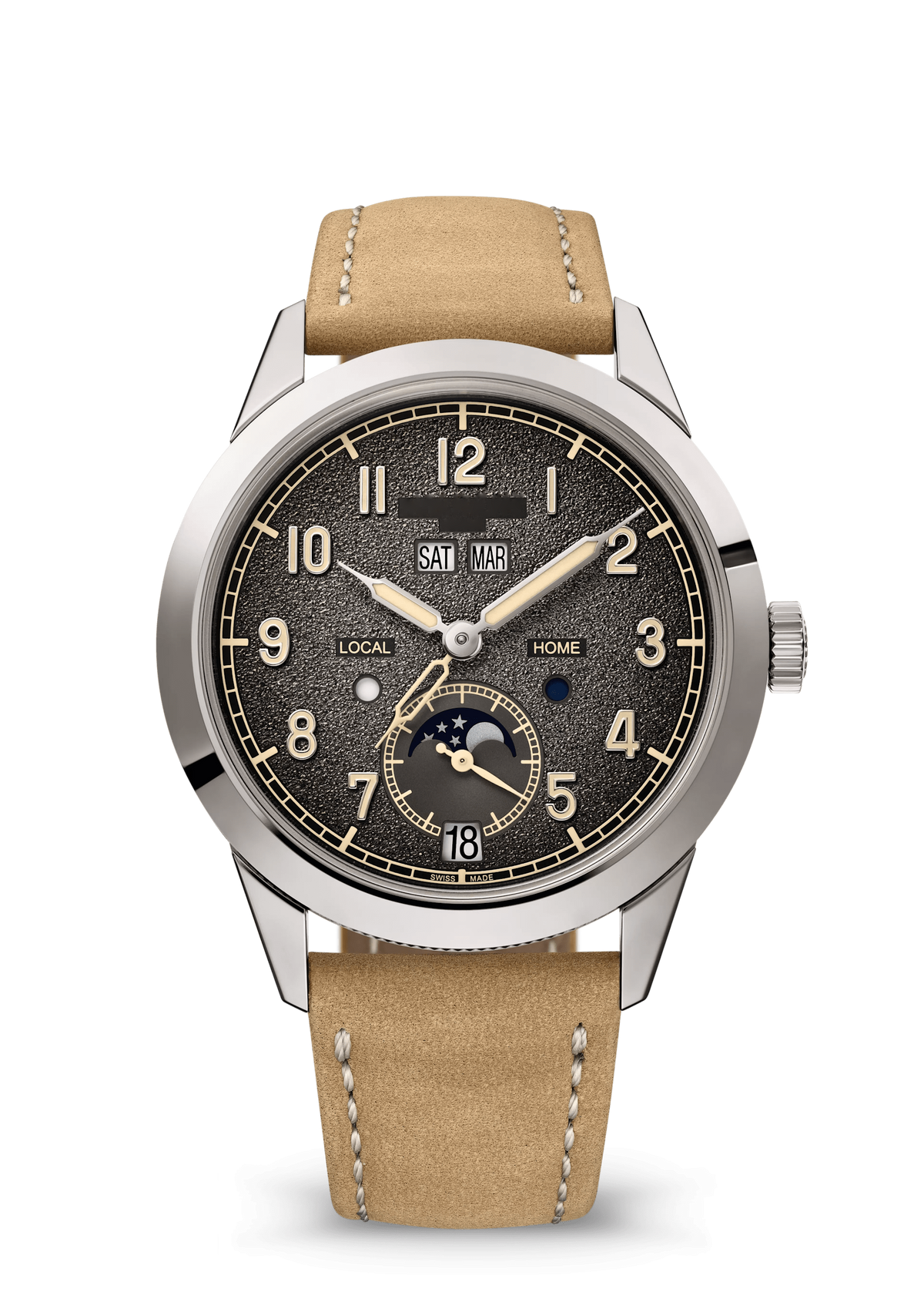 Charcoal Calendar Watch with Silver Tone Case and Tan Strap