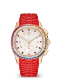 Rainbow Bezel Chronograph with Gold Tone Case and Red Strap