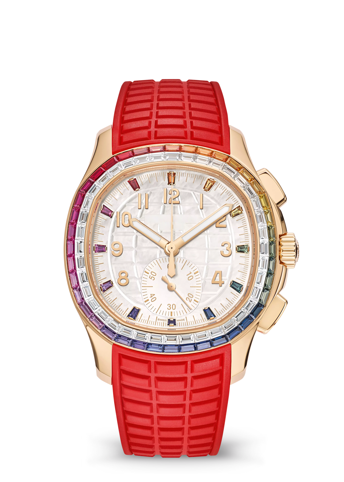 Rainbow Bezel Chronograph with Gold Tone Case and Red Strap