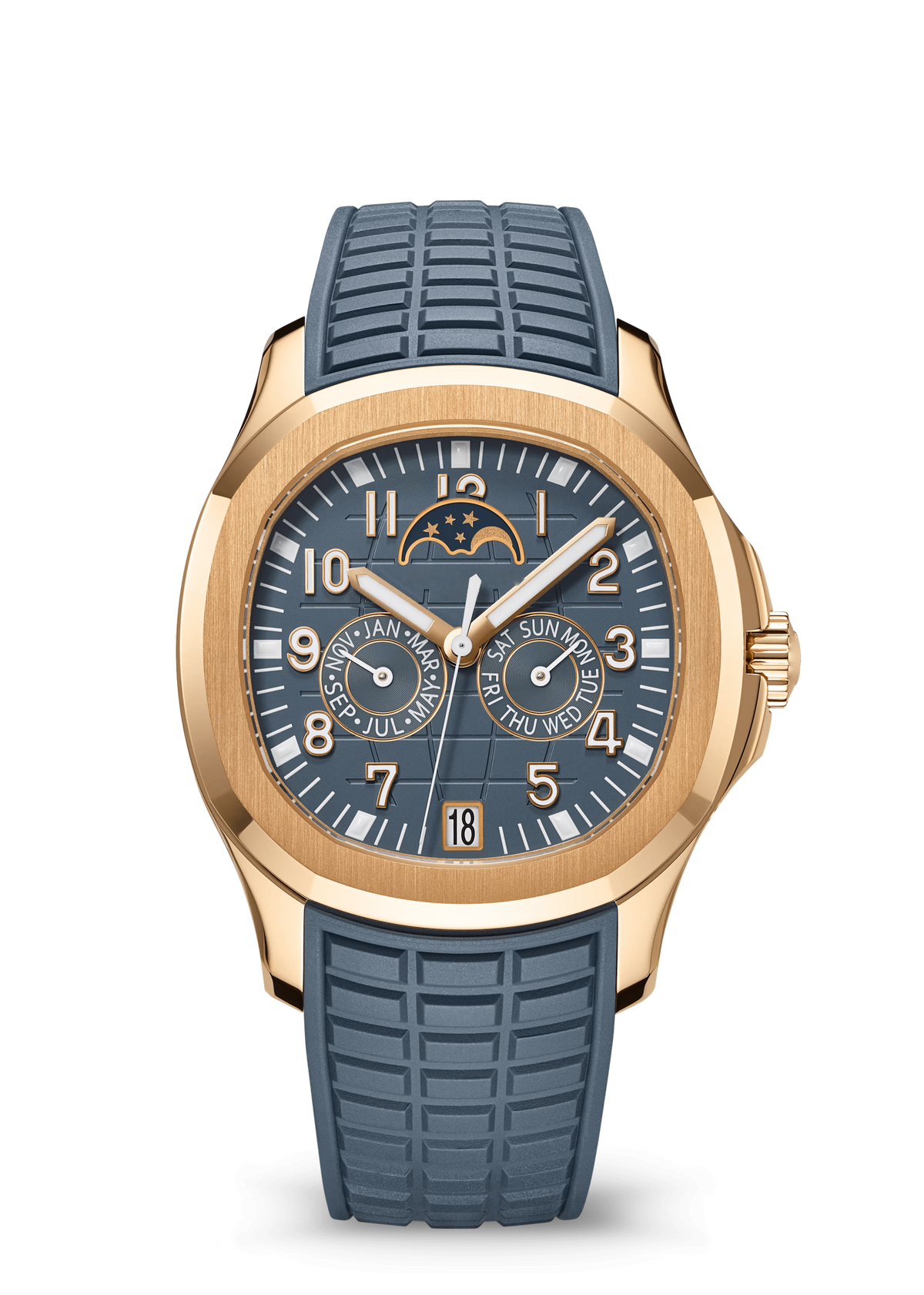 Blue Grey Calendar Watch with Gold Tone Bezel and Matching Strap