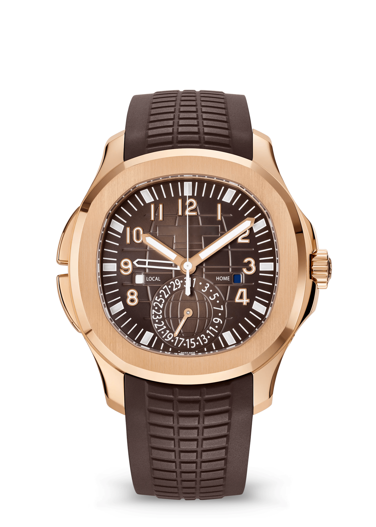Brown Dual-Time Watch with Rose Gold Tone Case and Ridged Strap