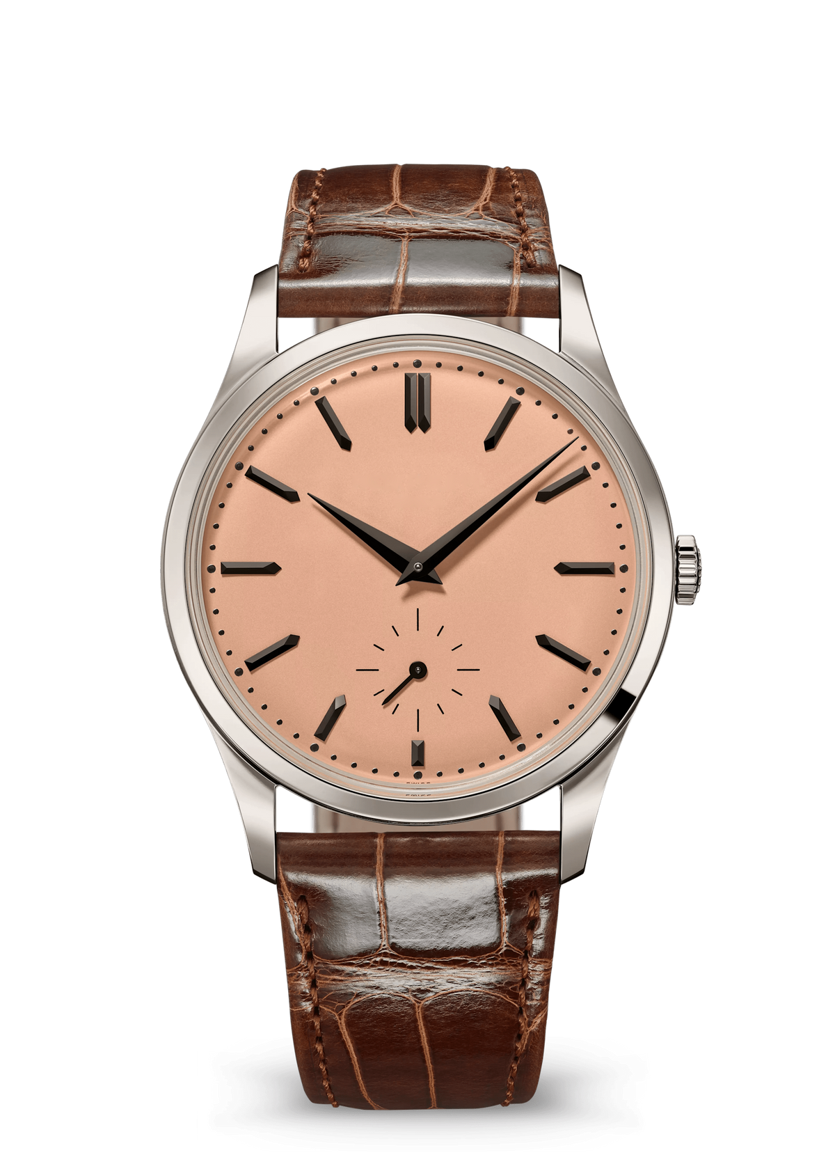 Salmon Dial Dress Watch with Silver Tone Case and Brown Strap