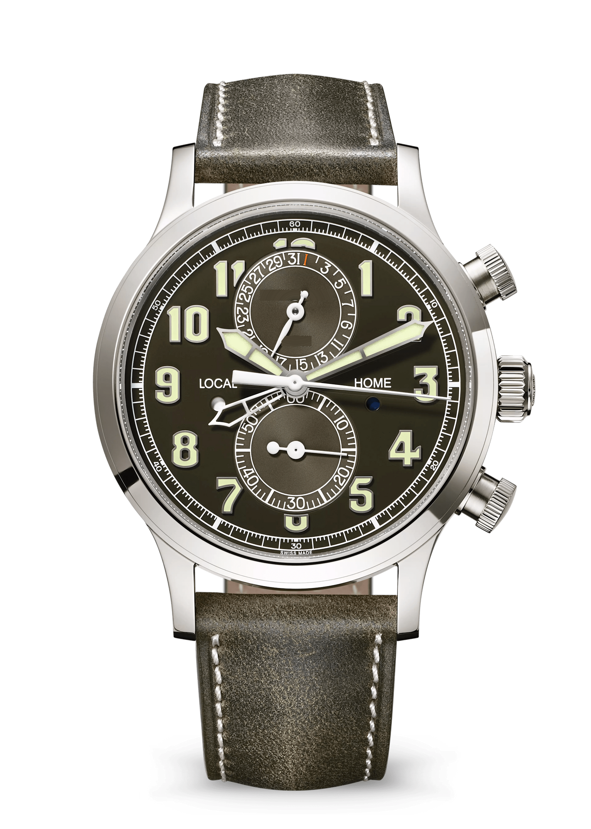 Olive Dial Chronograph with Silver Tone Case and Dark Green Strap