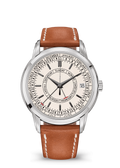 White Multi-Scale Calendar Watch with Silver Tone Case and Cognac Strap