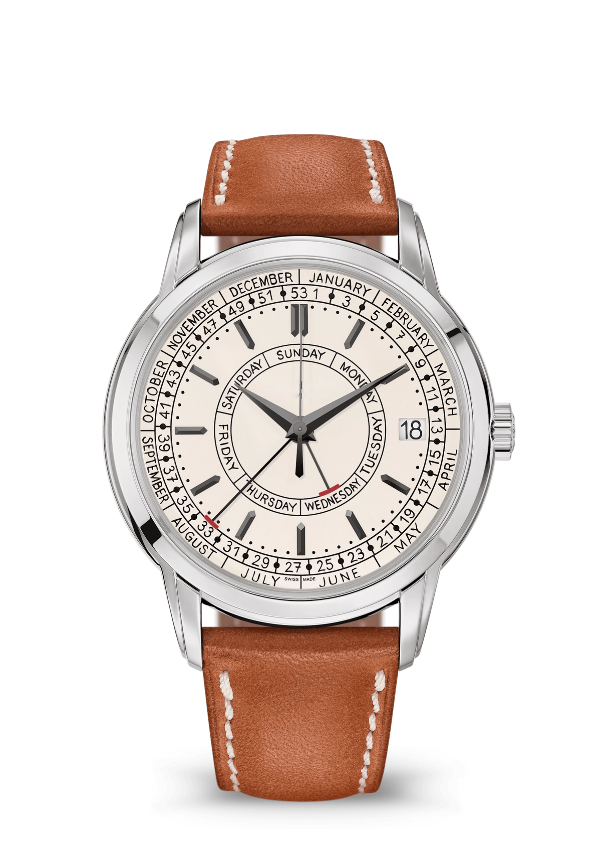 White Multi-Scale Calendar Watch with Silver Tone Case and Cognac Strap