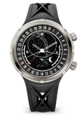 Black Astronomical Dial Watch with Silver Tone Case and Cutout Strap