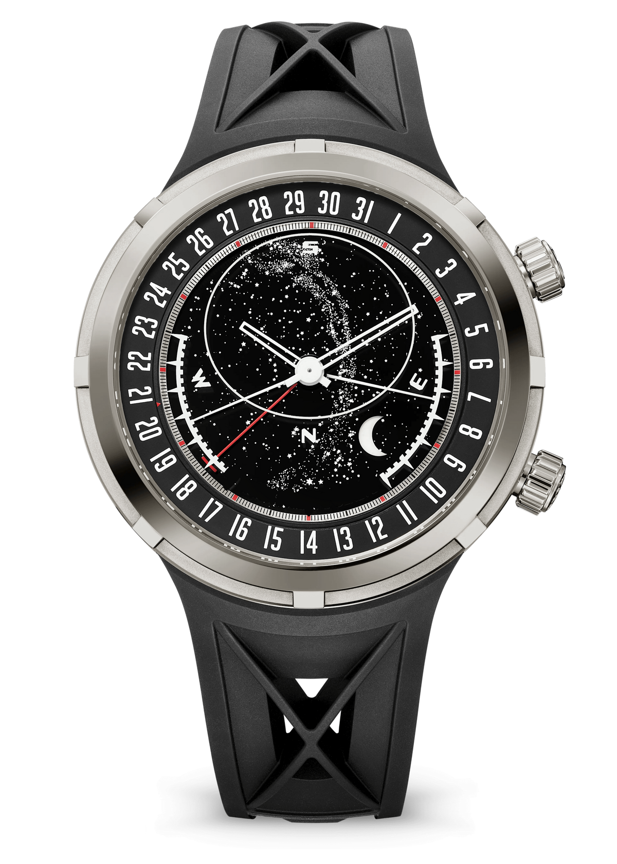 Black Astronomical Dial Watch with Silver Tone Case and Cutout Strap