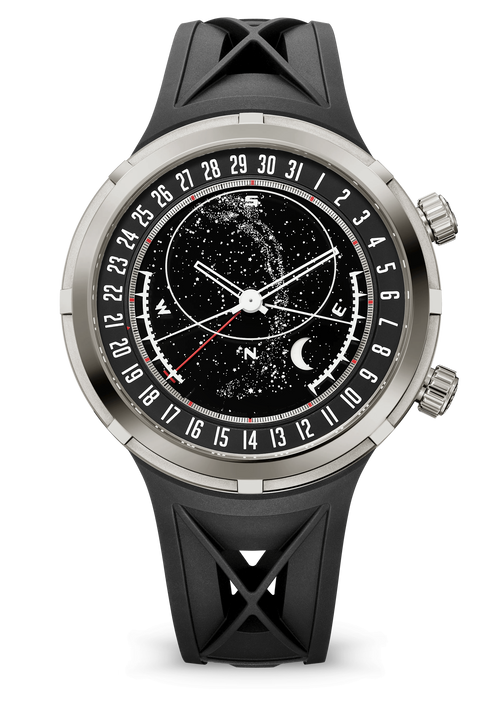 Black Astronomical Dial Watch with Silver Tone Case and Cutout Strap