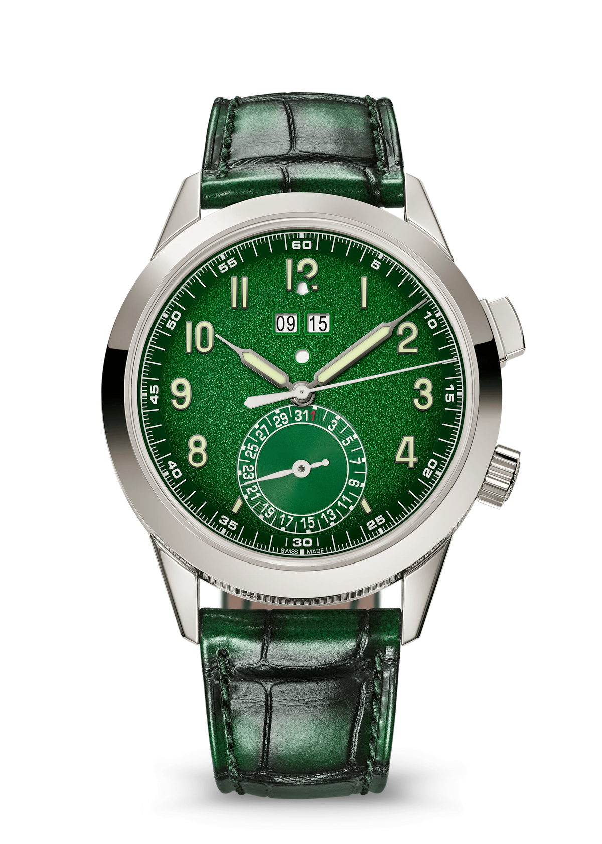 Emerald Green Alarm Dial Watch with Silver Tone Case