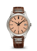 Salmon Date Watch with Silver Tone Case and Brown Strap