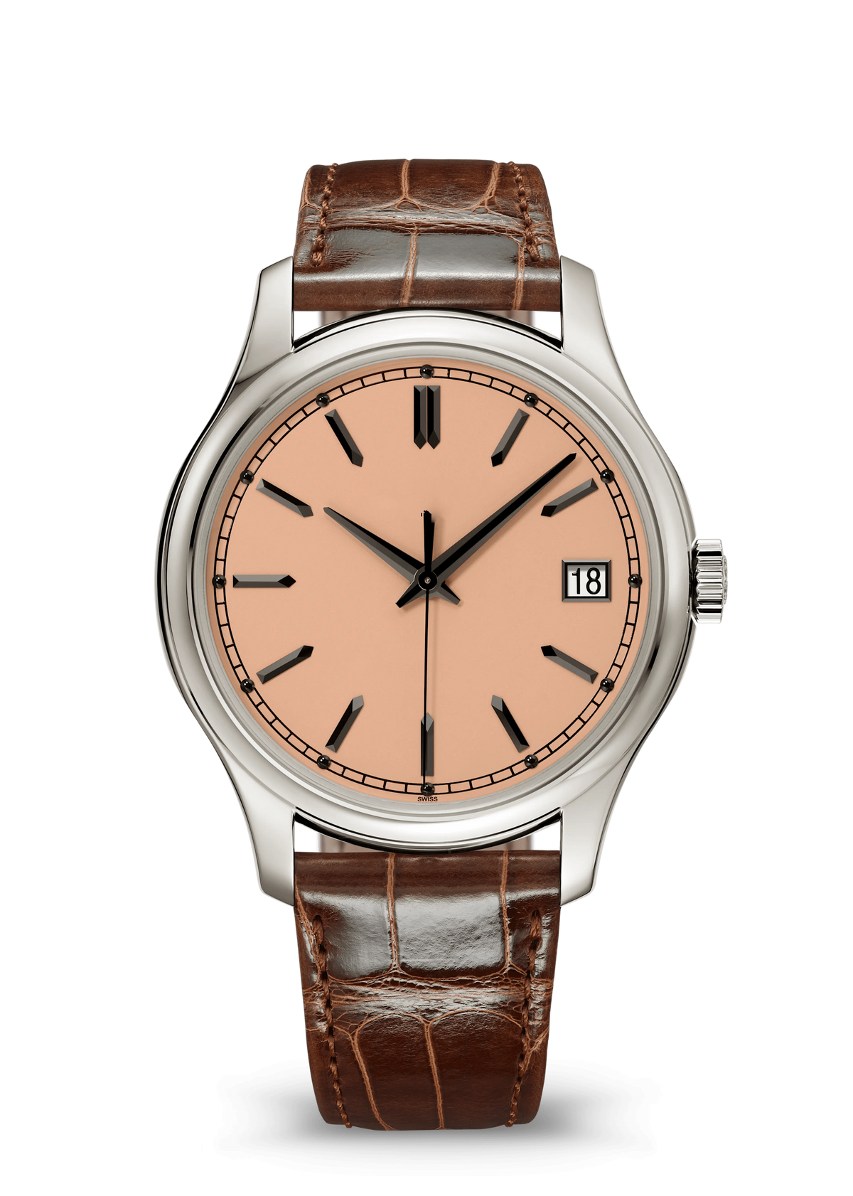 Salmon Date Watch with Silver Tone Case and Brown Strap