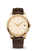 Cream Date Watch with Yellow Gold Tone Case and Brown Strap