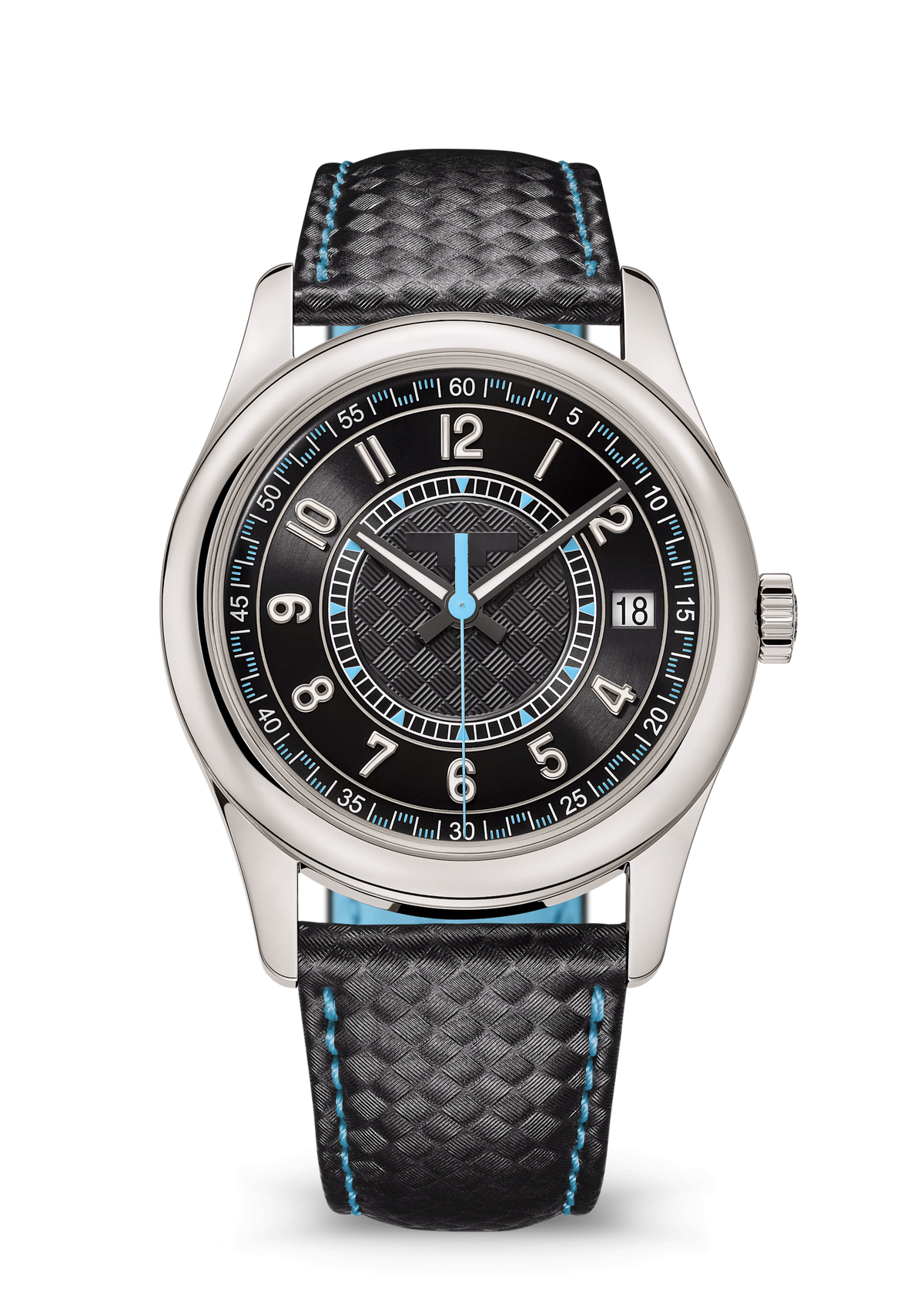 Black Textured Watch with Blue Accents and Woven Strap