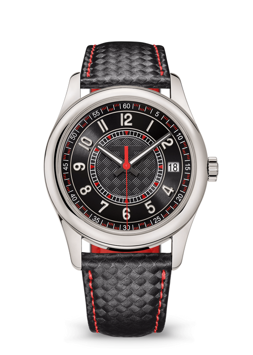 Black Textured Watch with Red Accents and Woven Strap