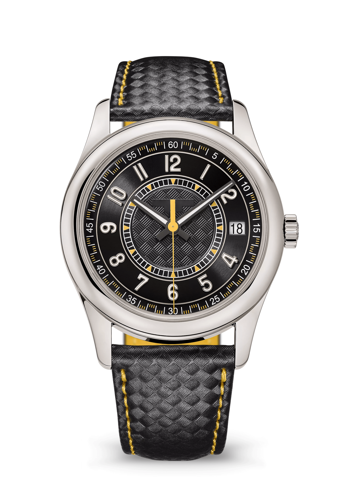 Black Textured Watch with Yellow Accents and Woven Strap