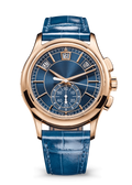 Blue Calendar Chronograph with Rose Gold Tone Case and Glossy Strap