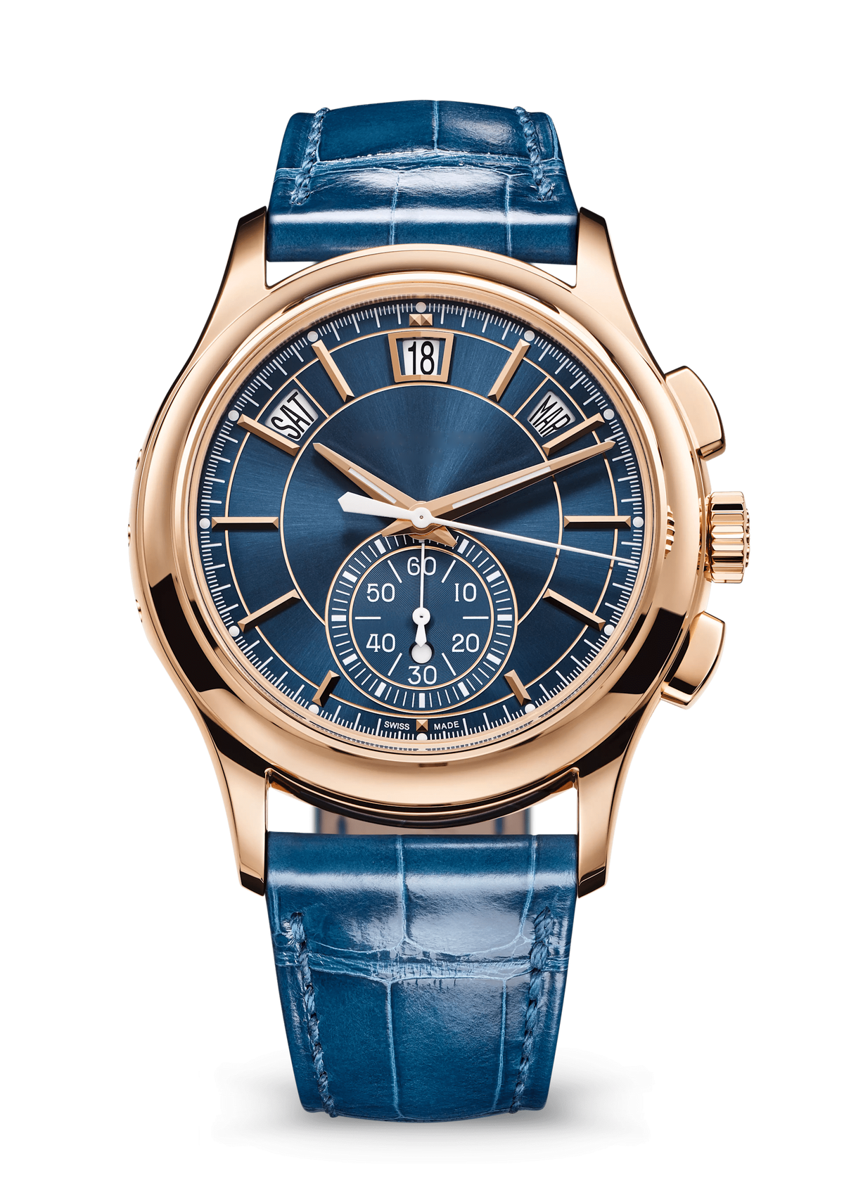 Blue Calendar Chronograph with Rose Gold Tone Case and Glossy Strap