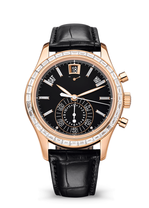 Black Calendar Watch with Rose Gold Tone Crystal Bezel