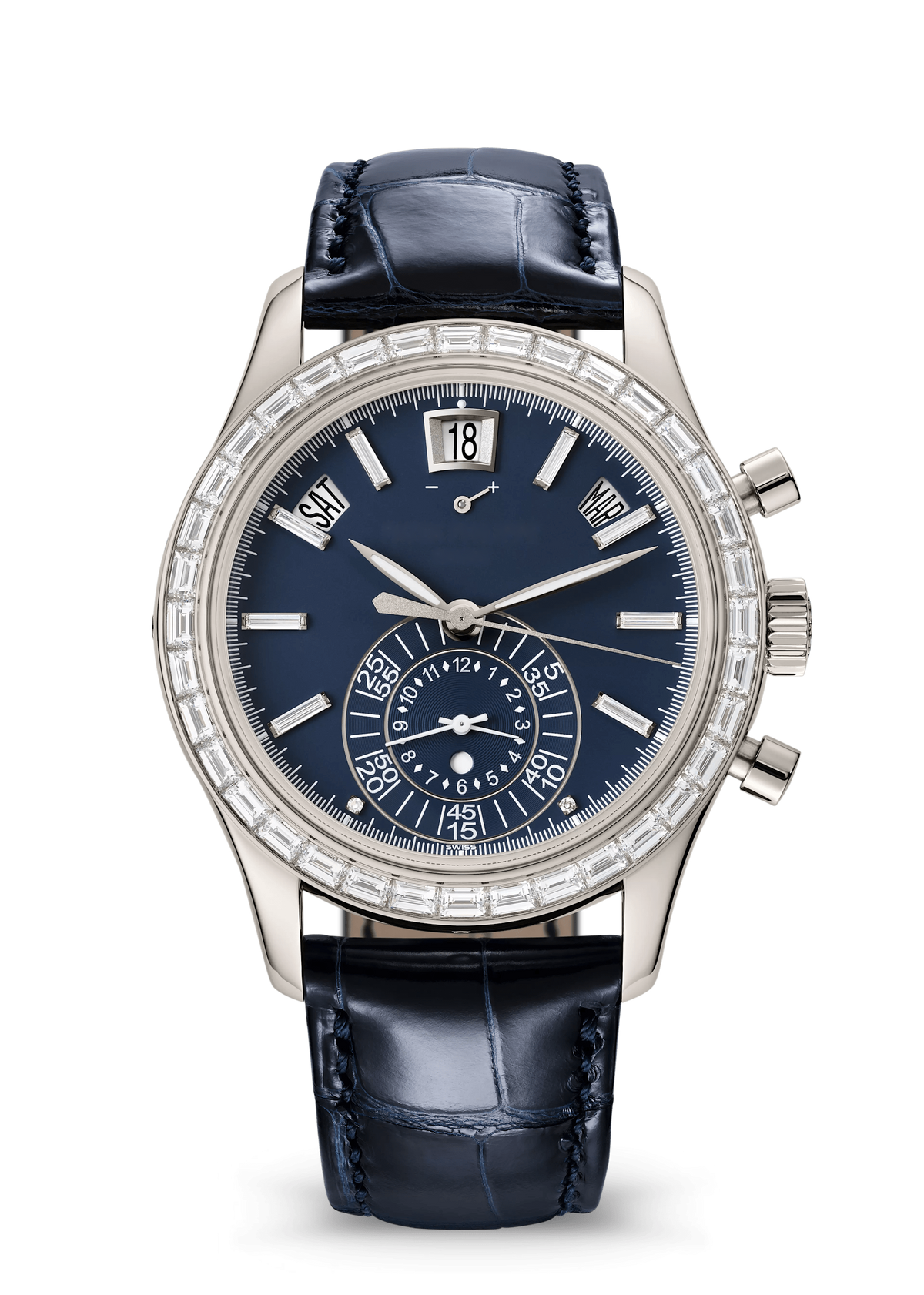 Navy Calendar Watch with Silver Tone Crystal Bezel