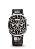 Black Ornamental Dial Watch with Silver Tone Case