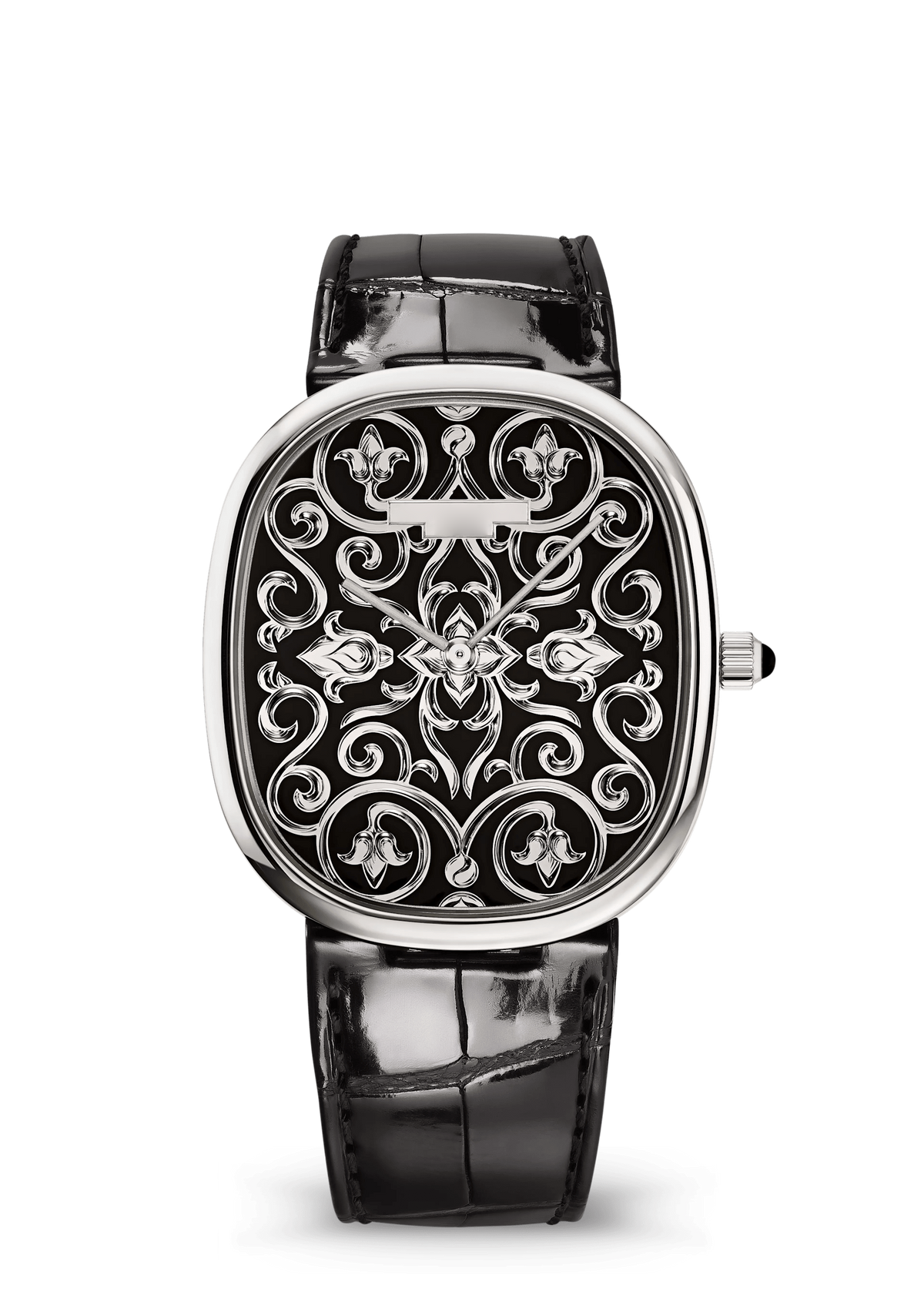 Black Ornamental Dial Watch with Silver Tone Case