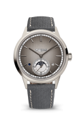 Grey Moonphase Calendar Watch with Silver Tone Case and Woven Strap