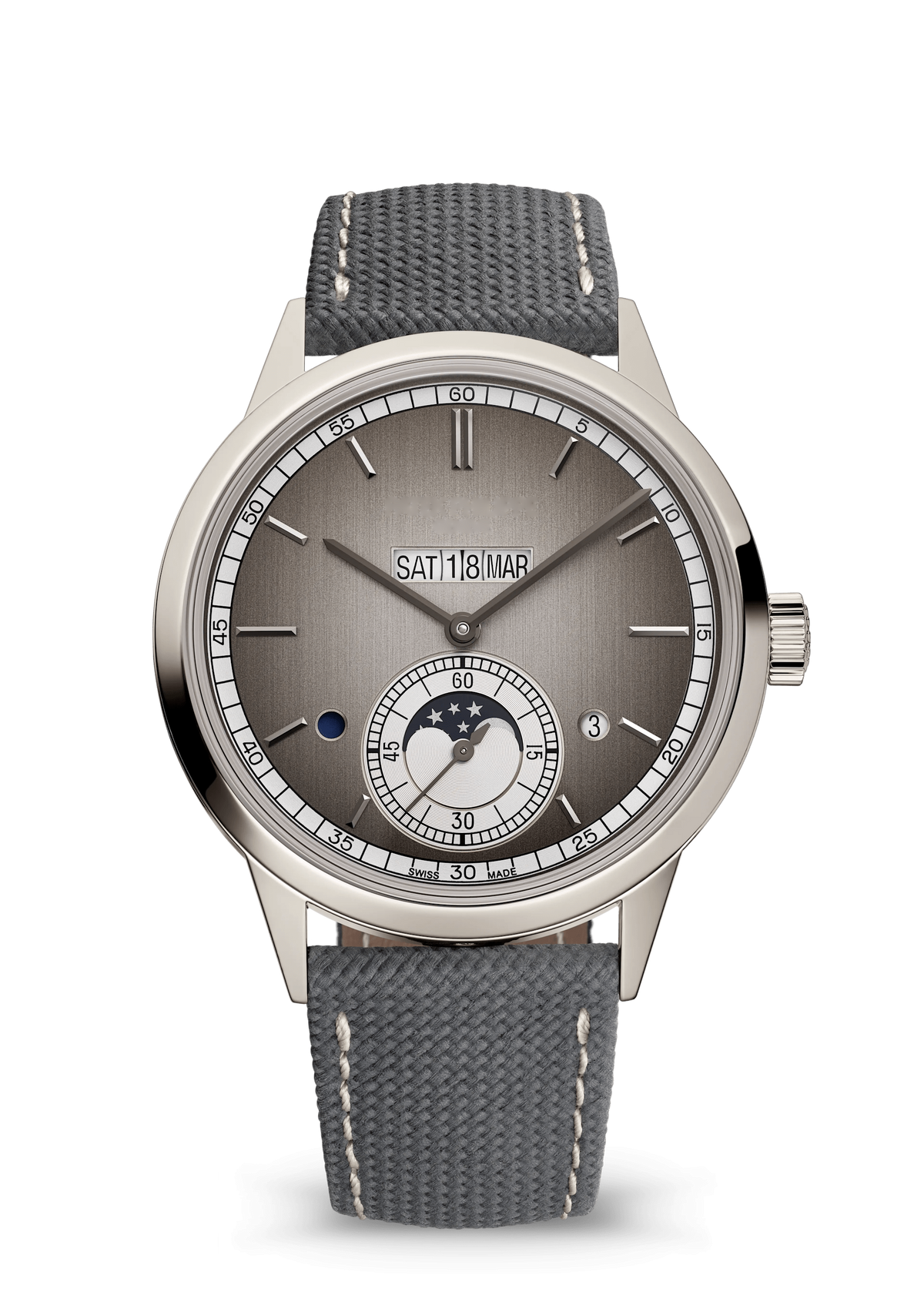 Grey Moonphase Calendar Watch with Silver Tone Case and Woven Strap