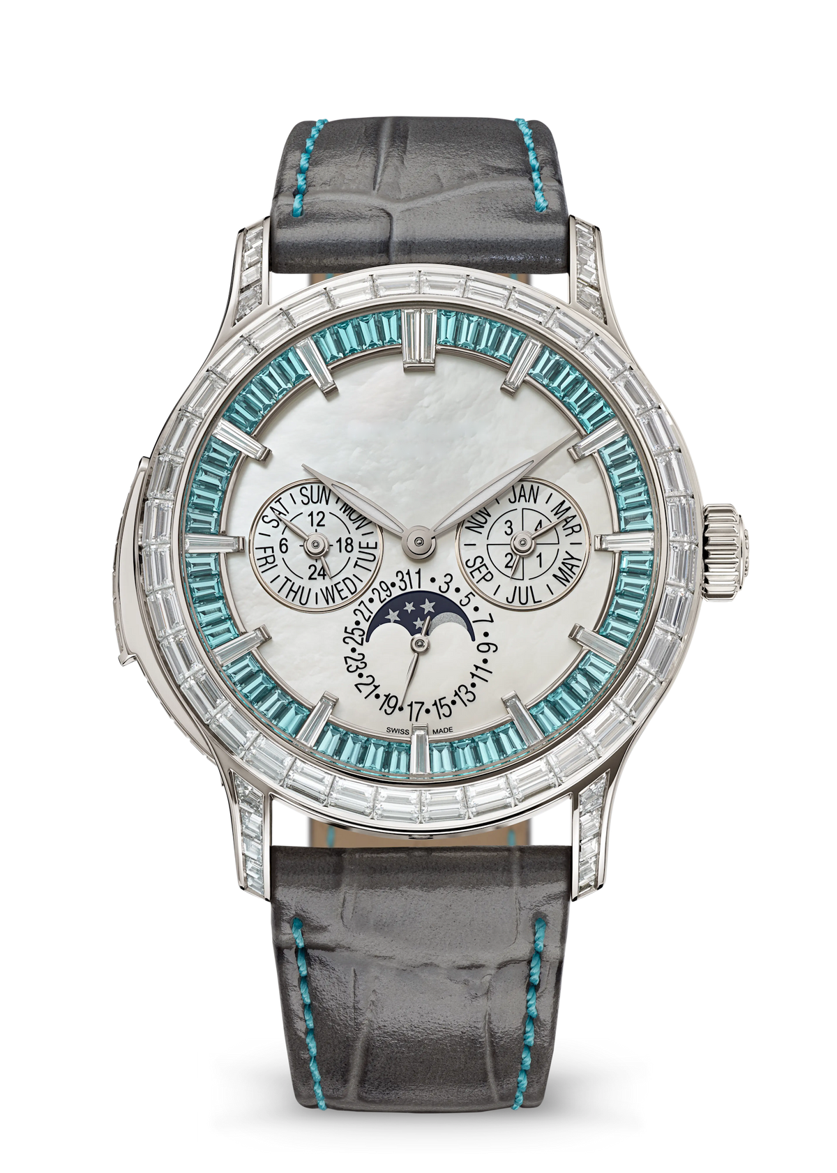 Ivory Calendar Watch with Aqua Crystal Bezel and Grey Strap