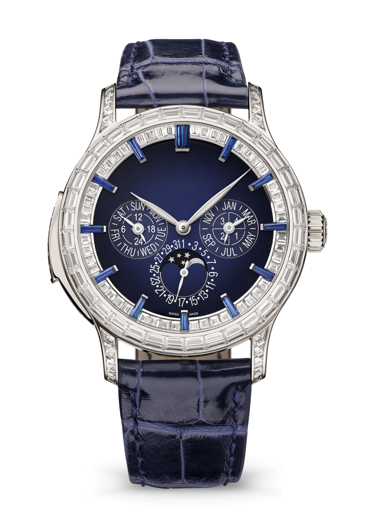 Navy Multi-Calendar Watch with Clear Crystal Bezel