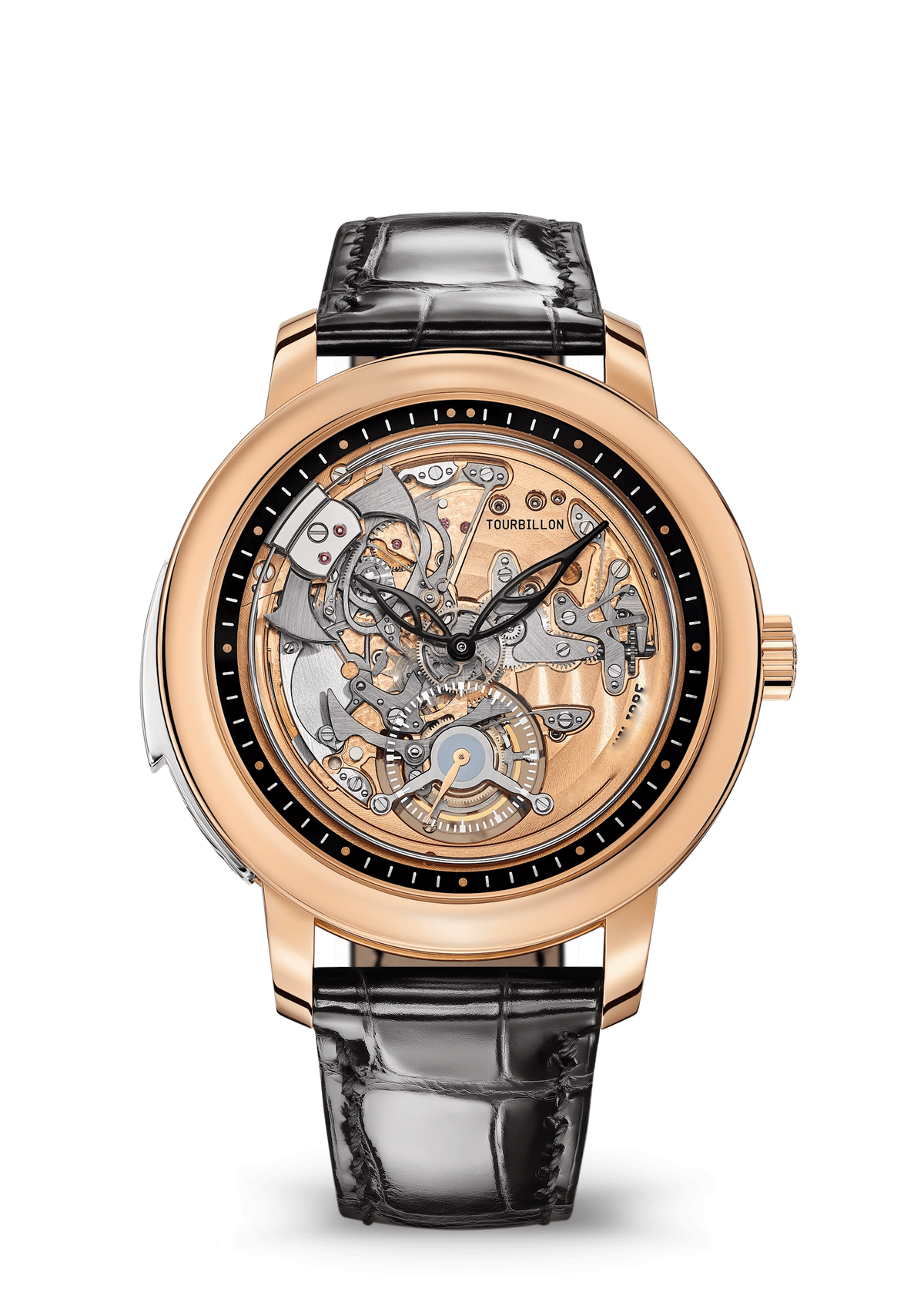 Rose Gold Tone Skeleton Dial Watch with Glossy Black Strap