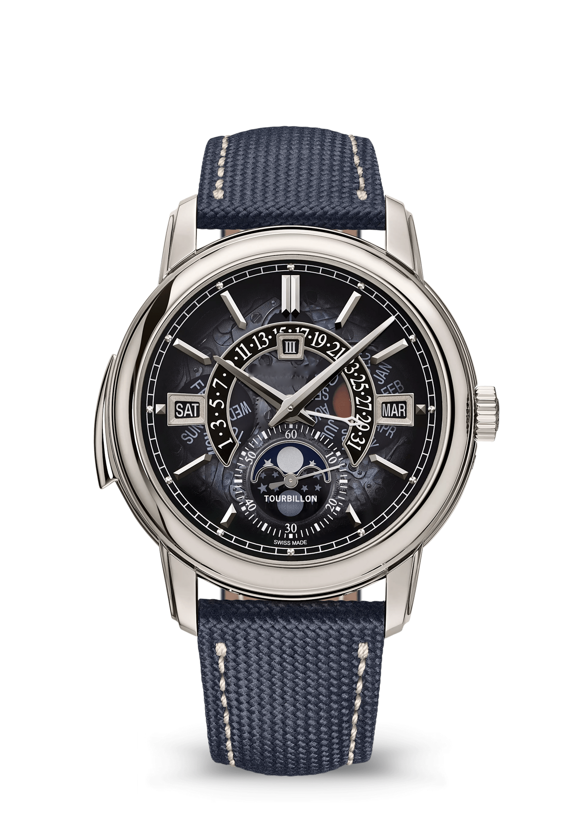 Black Retrograde Calendar Watch with Silver Tone Case