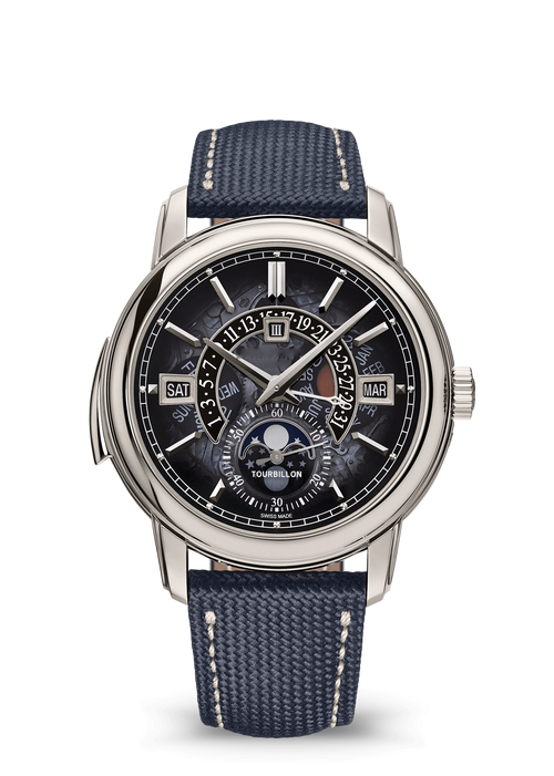 Black Retrograde Calendar Watch with Silver Tone Case