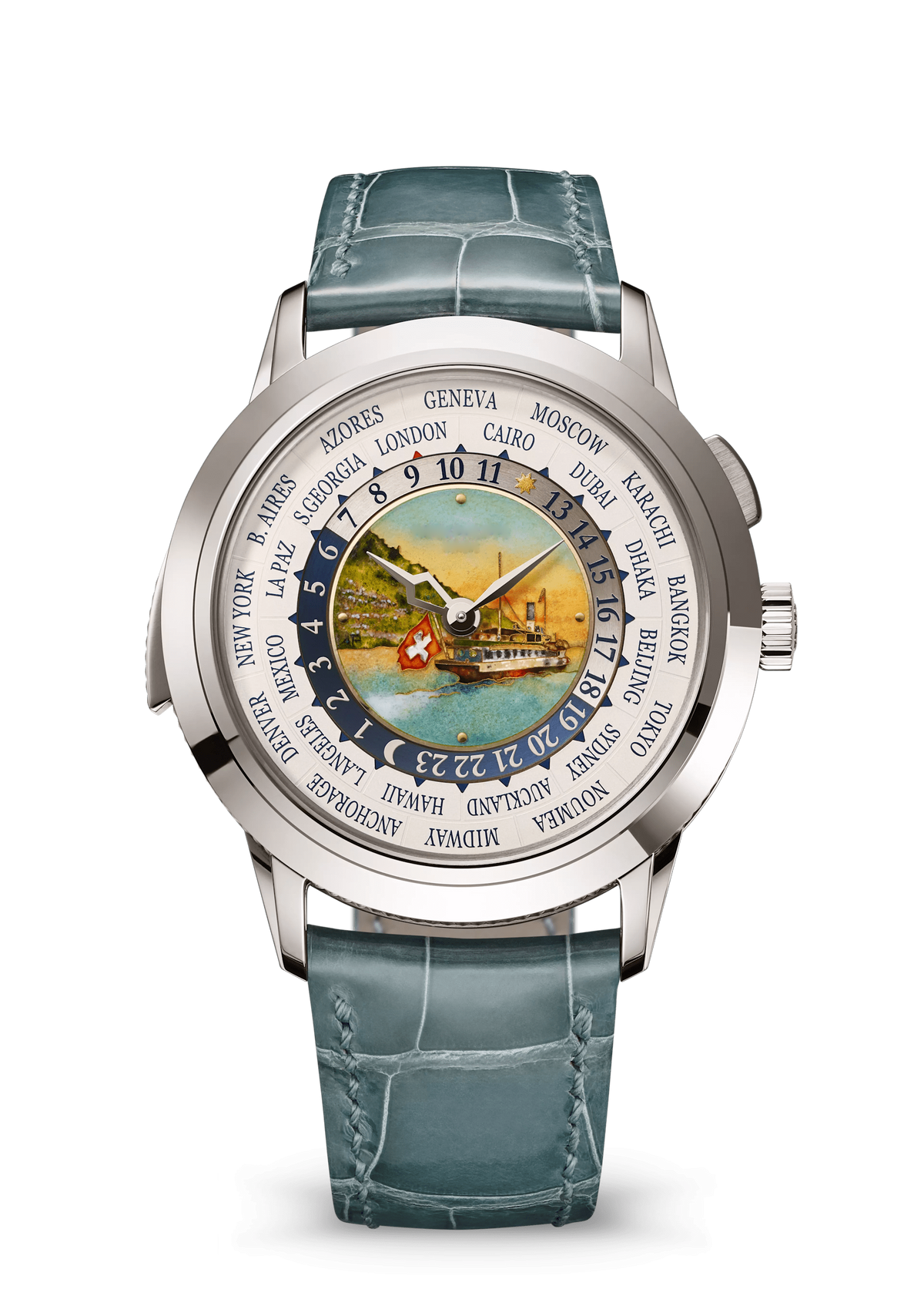 Multicolor World Dial Watch with Silver Tone Case and Teal Strap