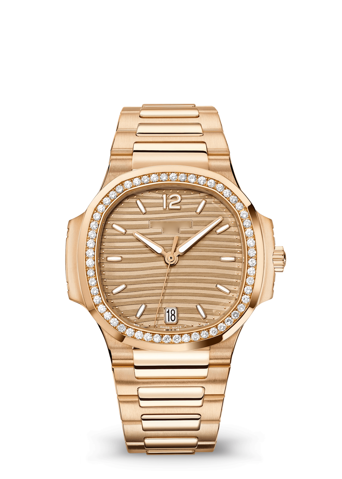 Champagne Ridged Dial Watch with Gold Tone Crystal Bezel