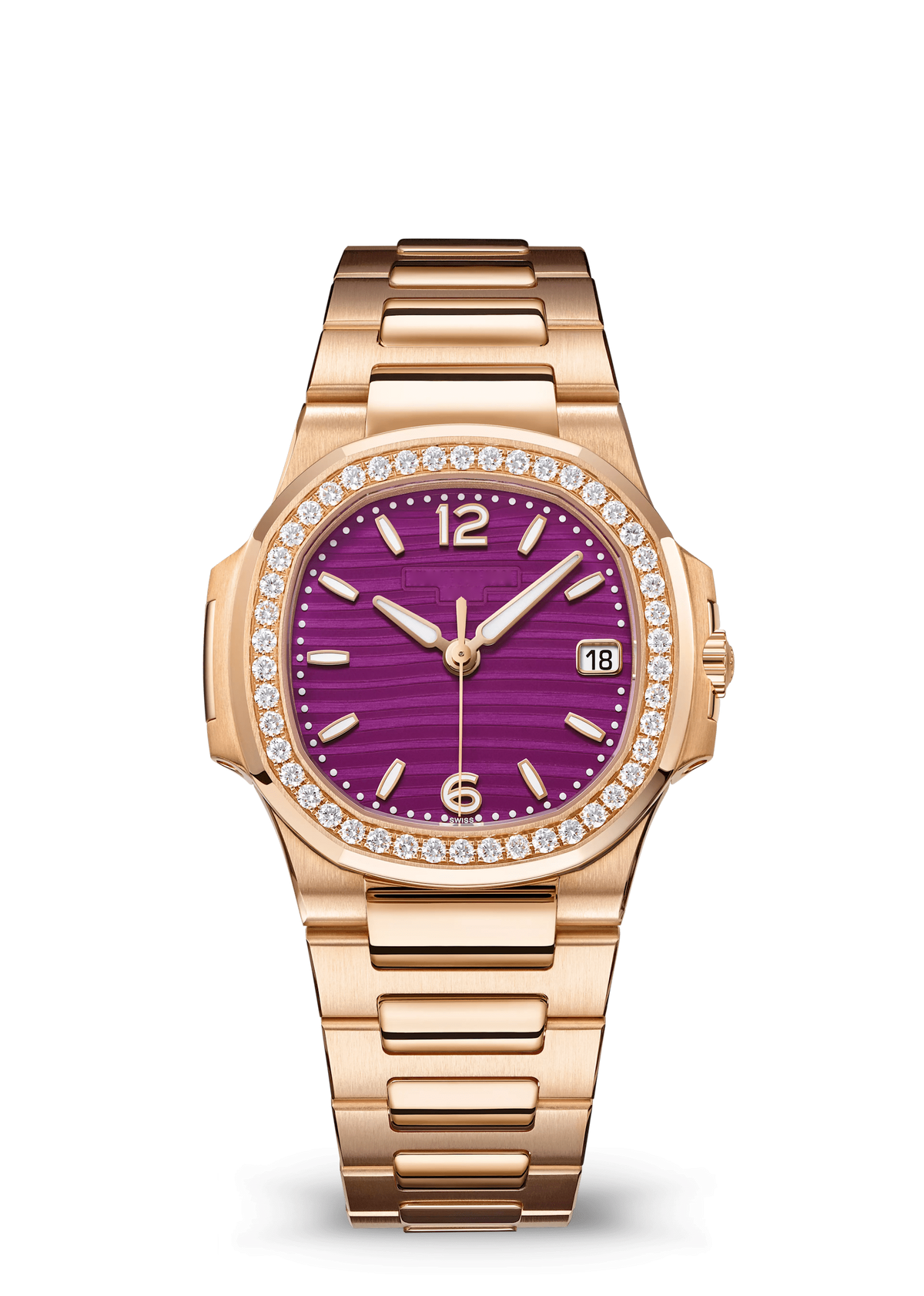 Magenta Dial Watch with Rose Gold Tone Crystal Bezel and Bracelet