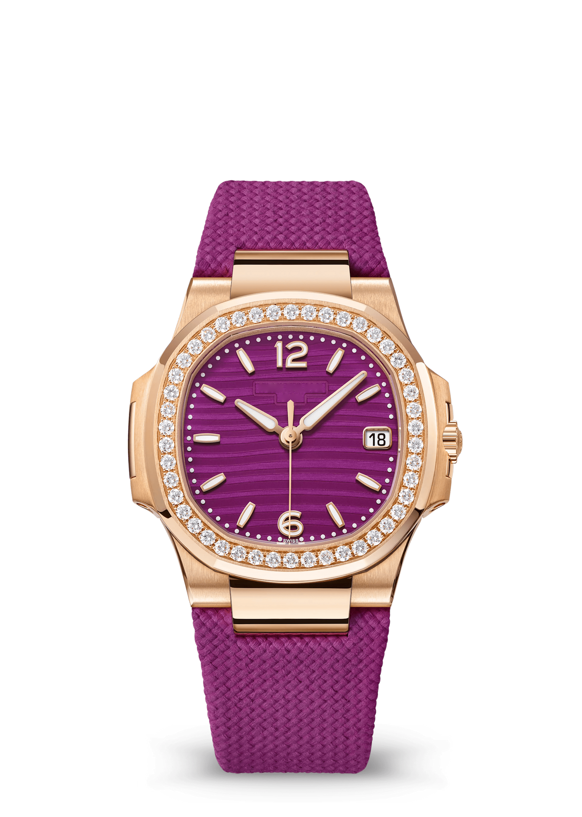 Magenta Watch with Rose Gold Tone Crystal Bezel and Fabric Strap