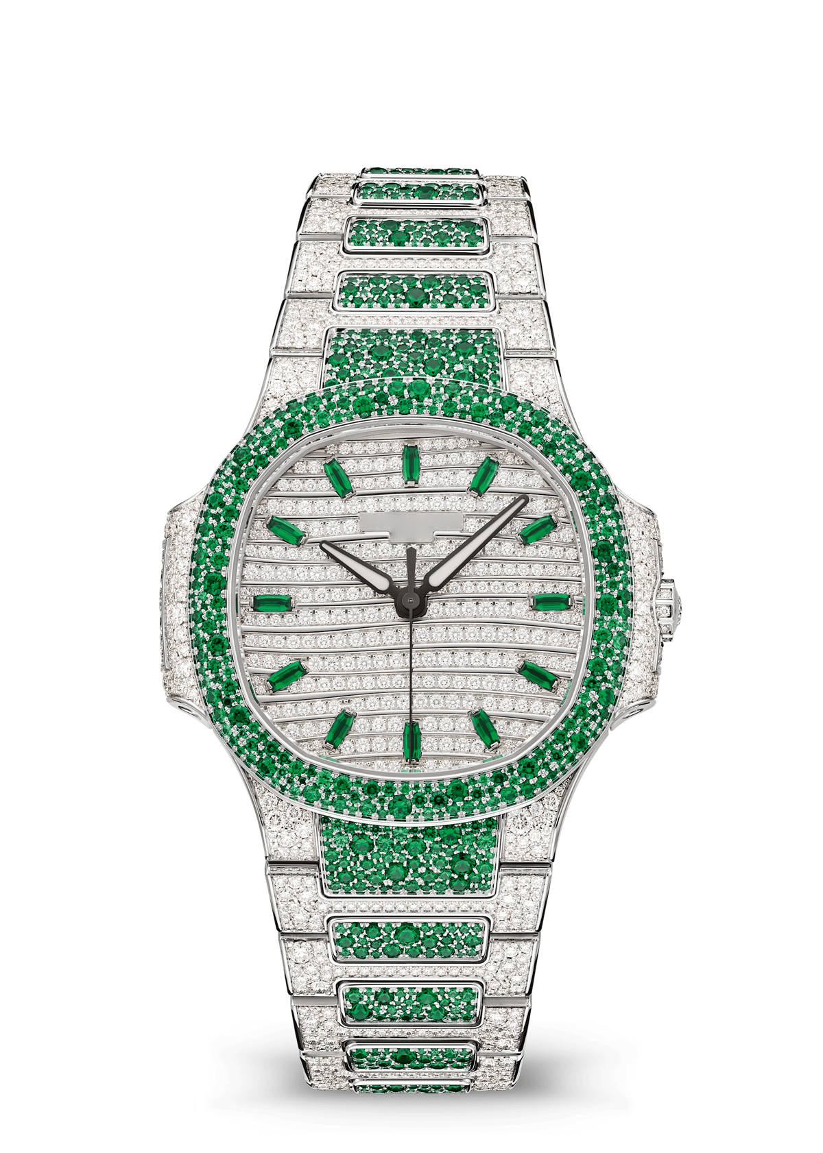 Silver Tone Crystal Watch with Green Stone Accents