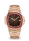 Brown Dial Watch with Red Crystal Bezel and Rose Gold Tone Bracelet