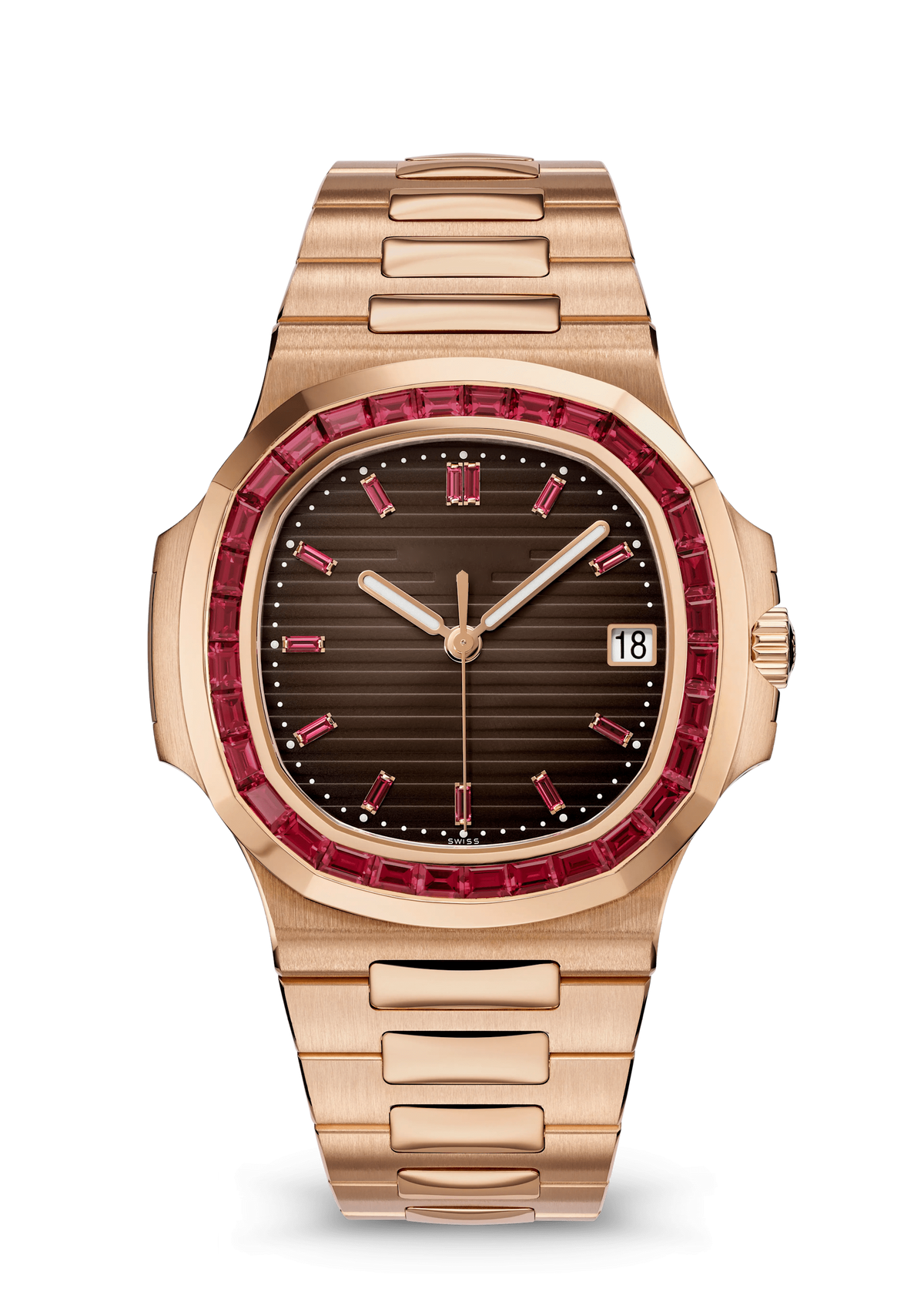 Brown Dial Watch with Red Crystal Bezel and Rose Gold Tone Bracelet