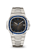Black Ridged Dial Watch with Blue Crystal Bezel and Silver Tone Bracelet