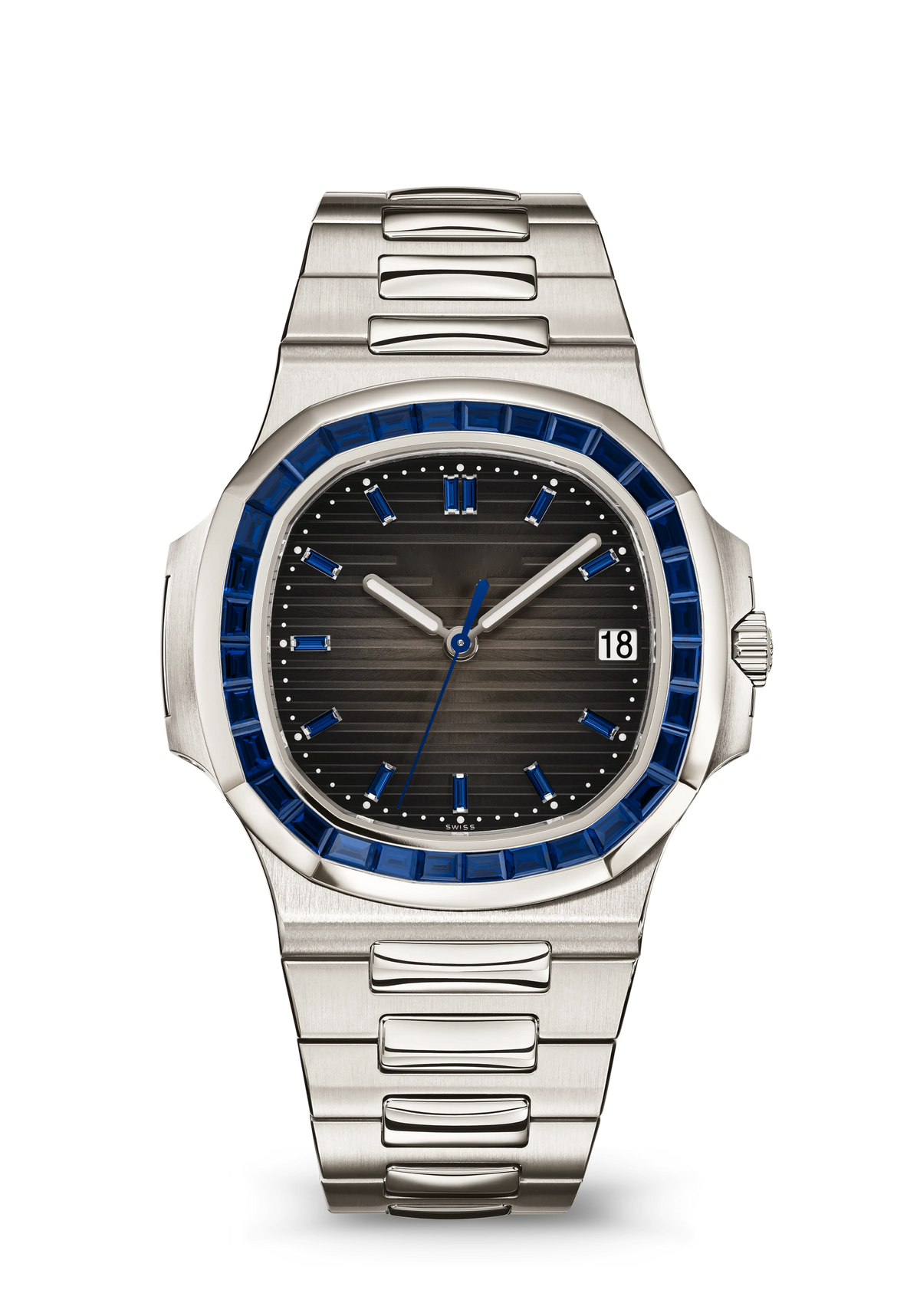 Black Ridged Dial Watch with Blue Crystal Bezel and Silver Tone Bracelet