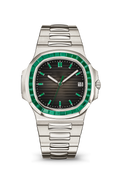 Black Ridged Dial Watch with Green Crystal Bezel and Silver Tone Bracelet