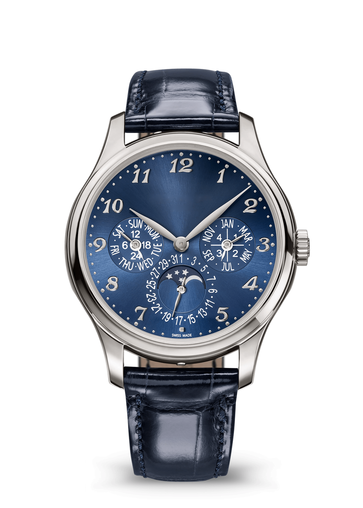 Navy Moonphase Calendar Watch with Silver Tone Case and Dark Strap